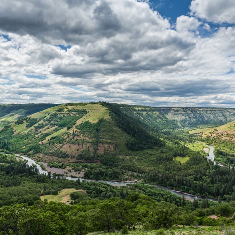 A wide river winds through lush green hills and forested valleys under a partly cloudy sky, with distant ridges and layered clouds creating a sense of depth and tranquility in the landscape.