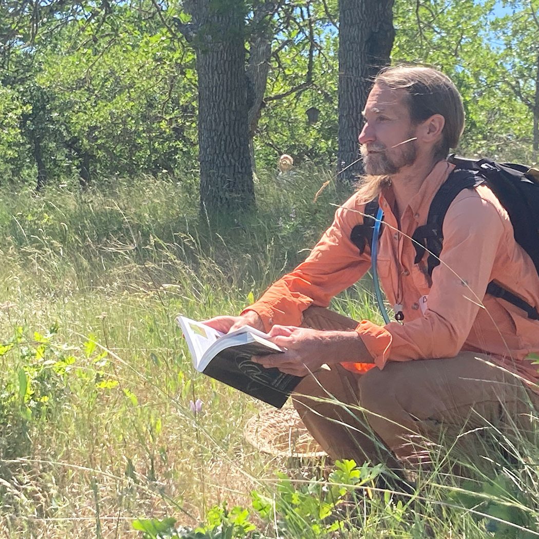 A person with long blond hair, wearing an orange shirt and backpack, crouches in a sunlit grassy meadow holding an open book and looking thoughtfully into the distance, surrounded by trees and wildflowers.
